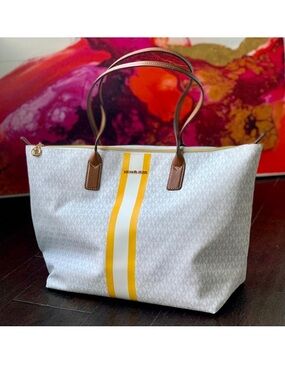 Michael Kors Large Logo Yellow Stripe Travel Tote Bag Vacation Jet Set NWT